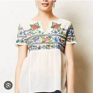 Anthropologie Vanessa Virginia Moineau Bouquet Embroidered Floral Blouse Size 4